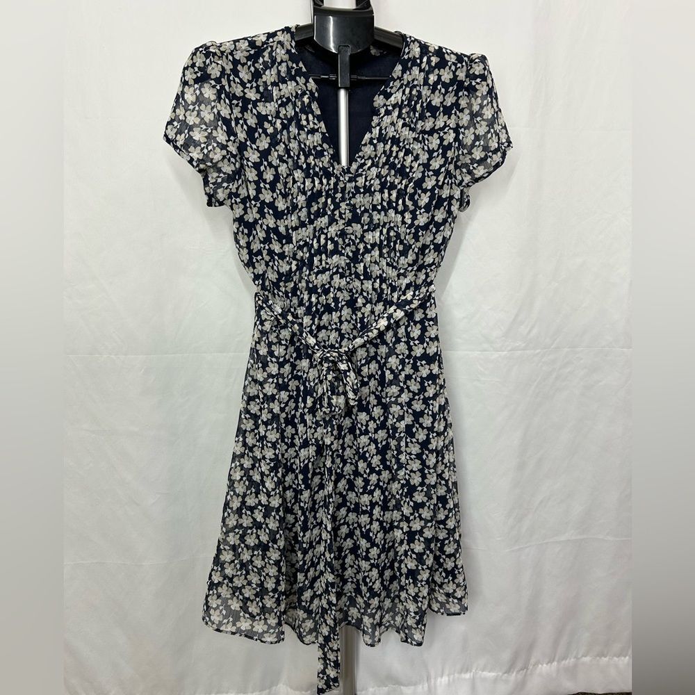 MSK navy blue floral chiffon tie belt waist 14P